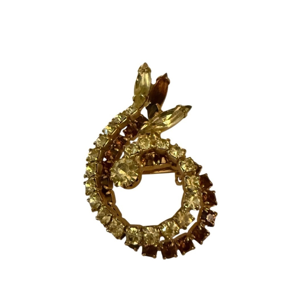 Vintage Rhinestone Swirl Brooch – Gold Tone – Champagne & Amber Stones – 1.75”